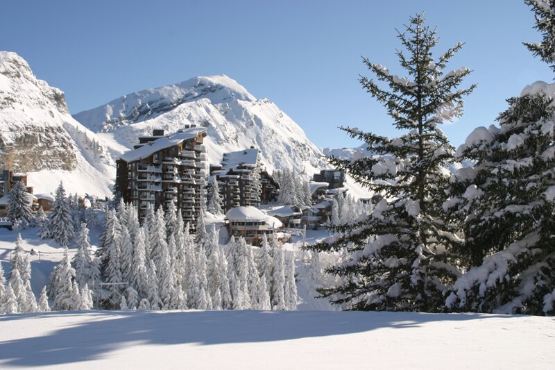 Snowy view of Avoriaz apartment blocks