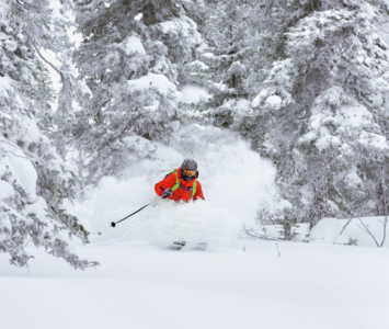 Skier in red jacket skiing deep powder off-piste