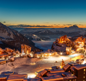 Avoriaz ski resort at night with lights from the chalets and hotels
