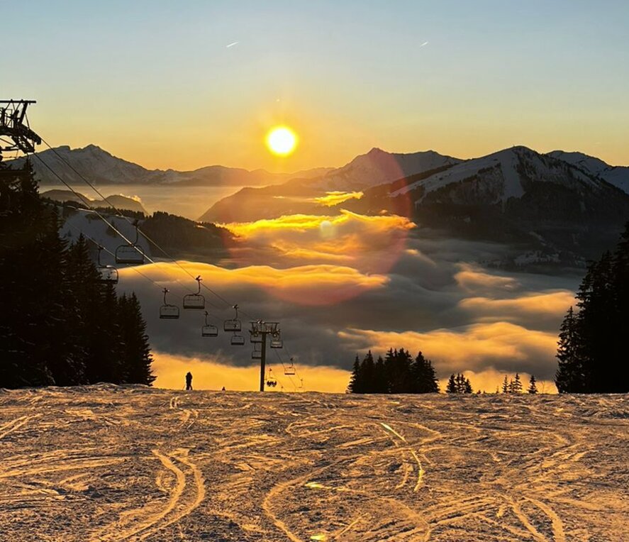 Sun setting over the ski slopes of Morzine