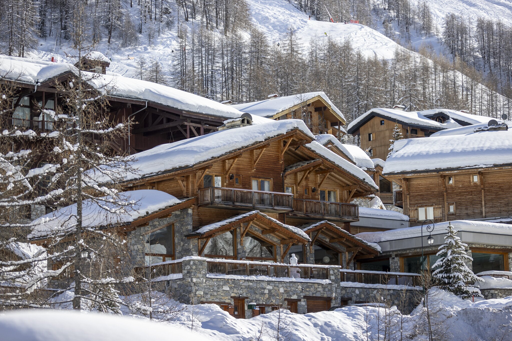 Stunning wooden and stone chalet in Val d'Isere with snow on roof
