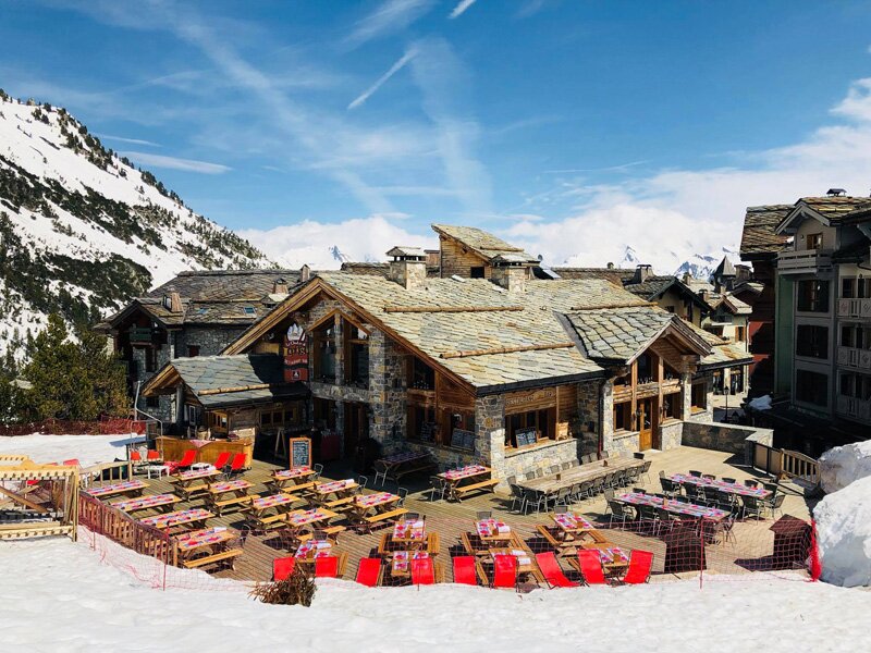 Traditional stone chalet restaurant with large terrace