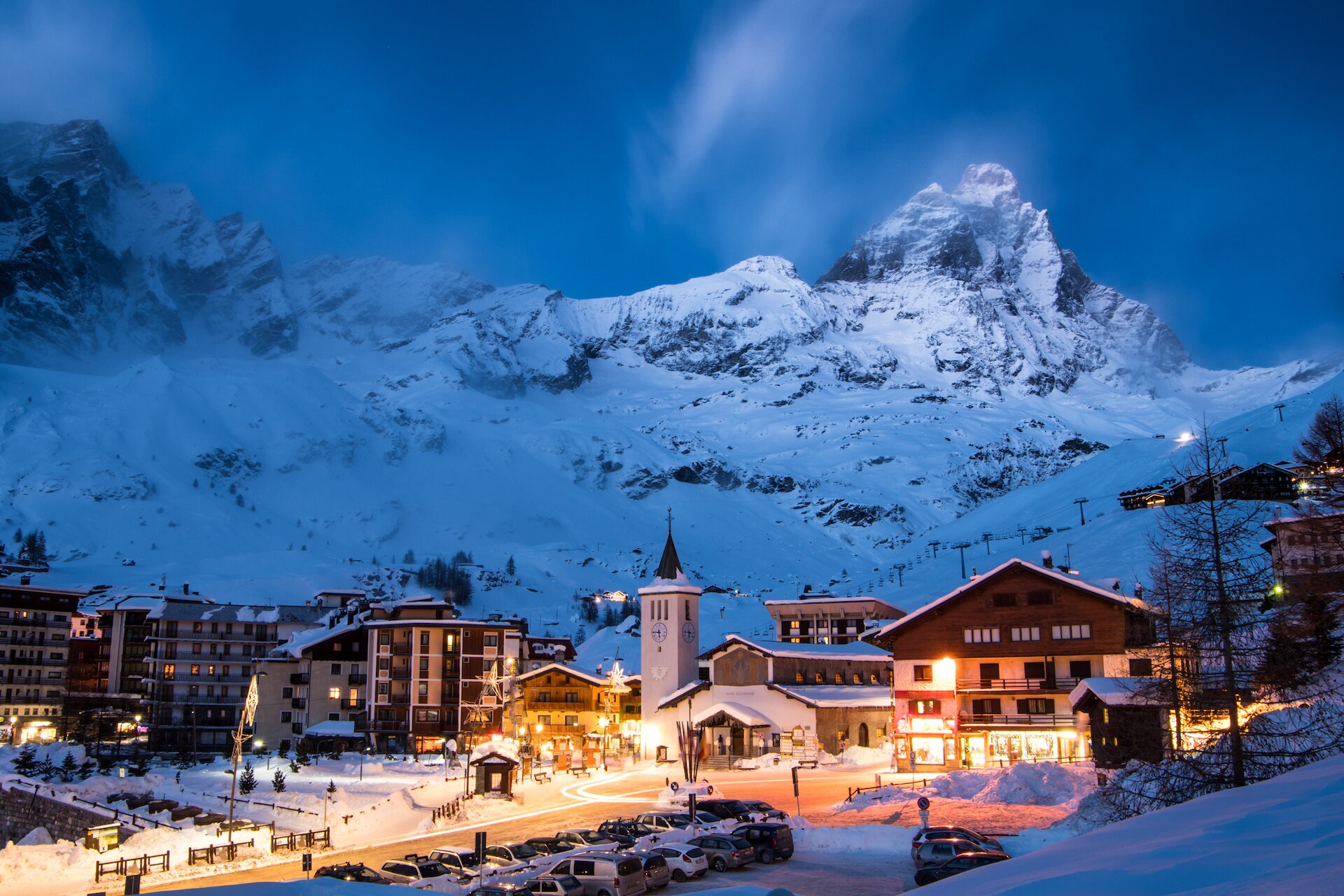 Cervinia by night with Matterhorn in distance