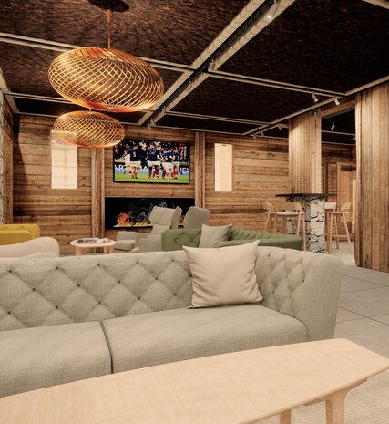 CGI image of bar area with large flat screen TV in the Graciosa, La Plagne