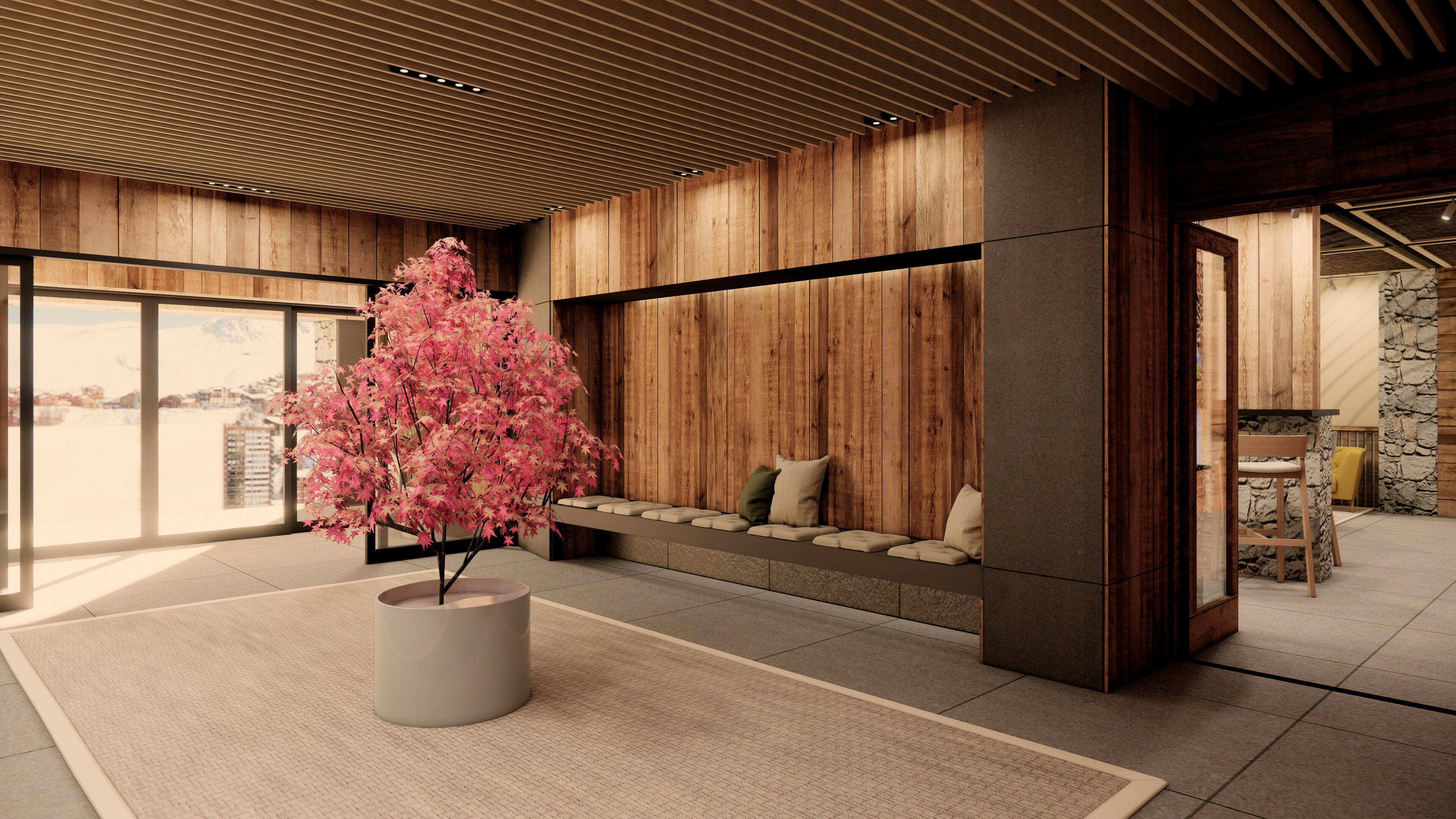 CGI contemporary reception area of The Graciosa in La Plagne