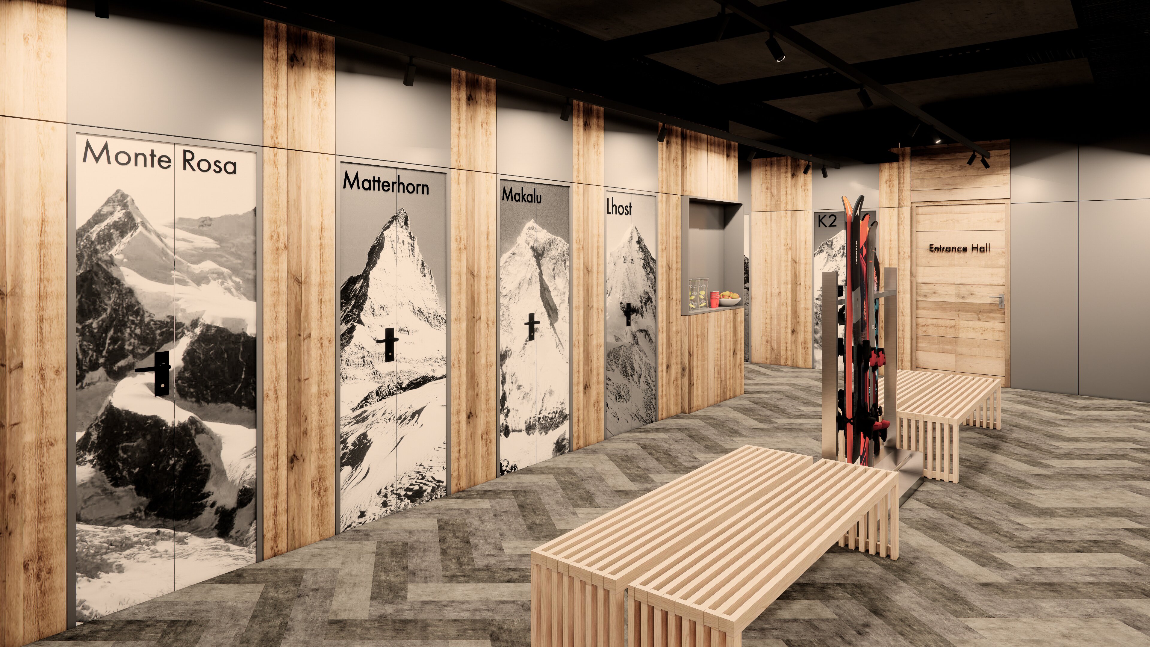 CGI contemporary ski room area inside The Graciosa in La Plagne