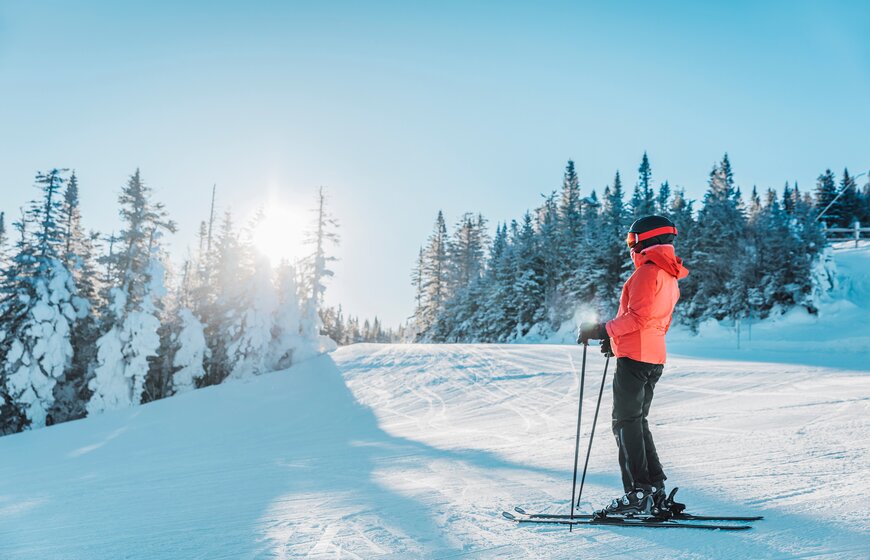 Skier about ski down tree-lined trail