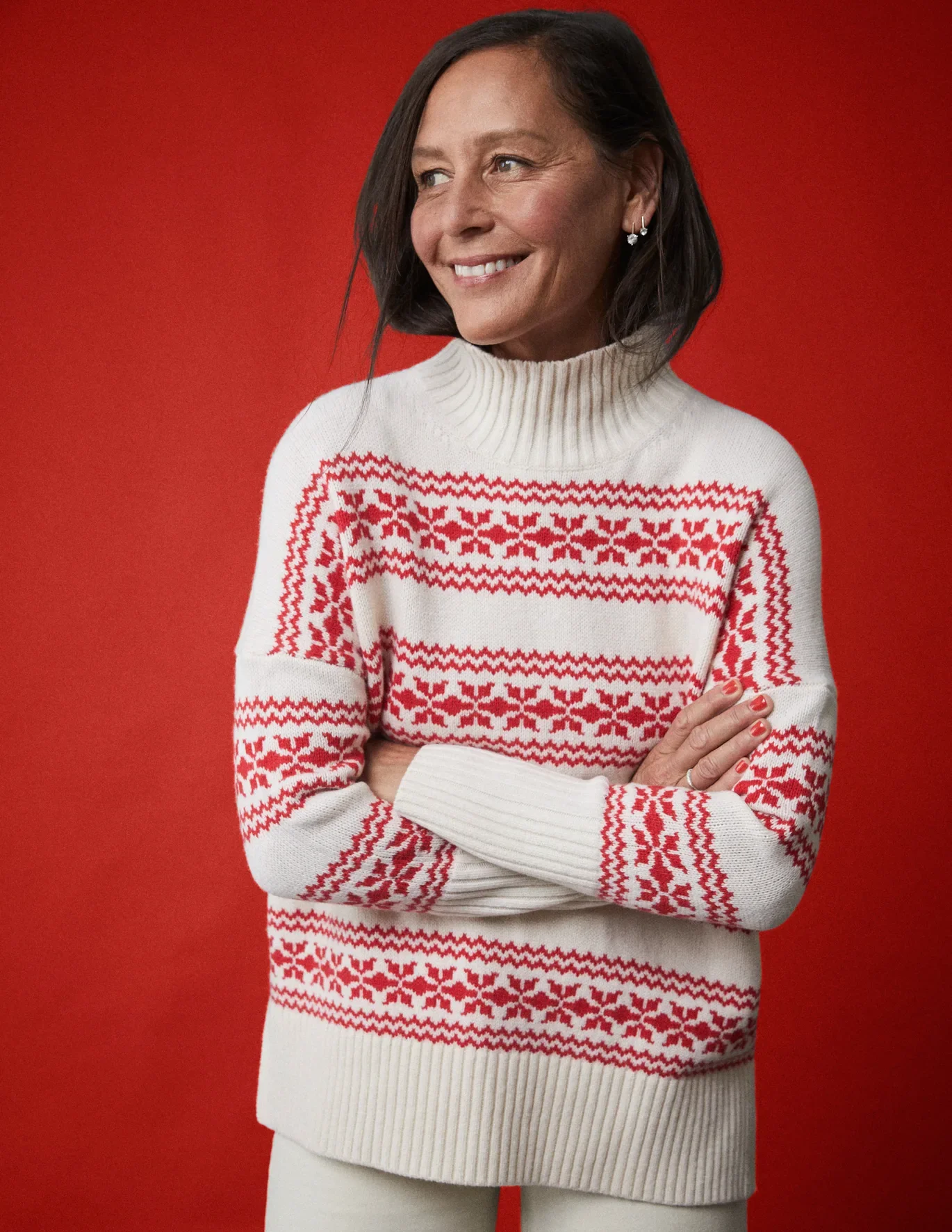 Cream polo neck knit with red fair isle pattern from Boden