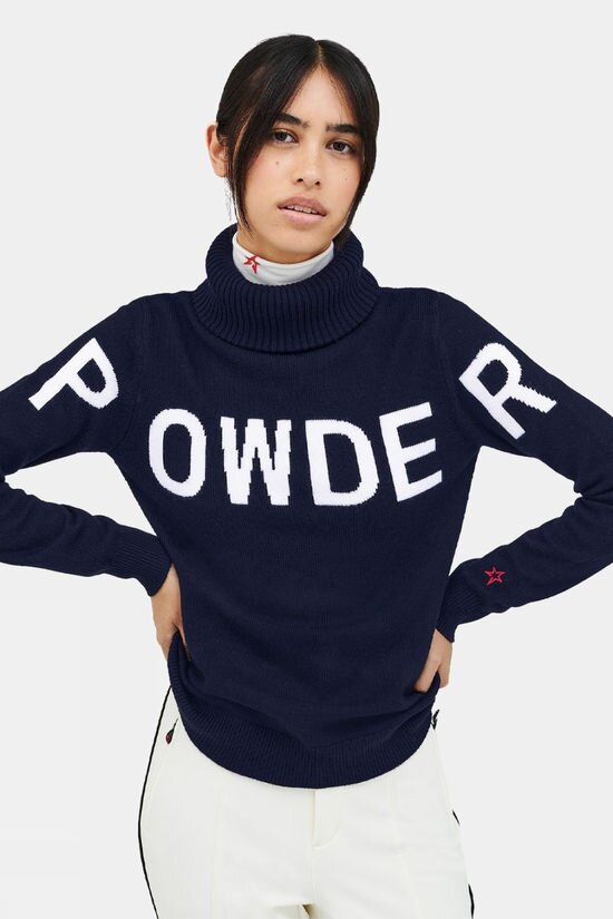 Navy poloneck jumper with white POWDER written across chest and sleeves from Snow + Rock