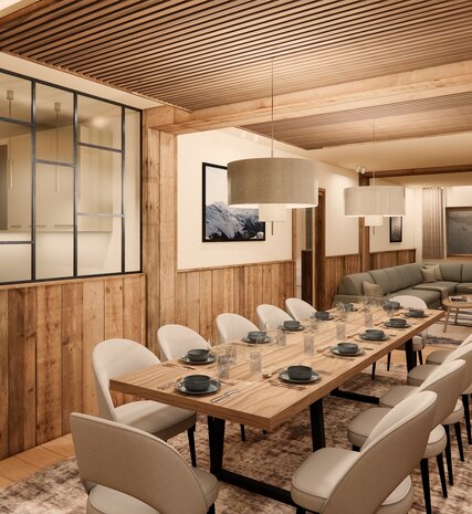 CGI image of dining area in a Graciosa chalet, La Plagne
