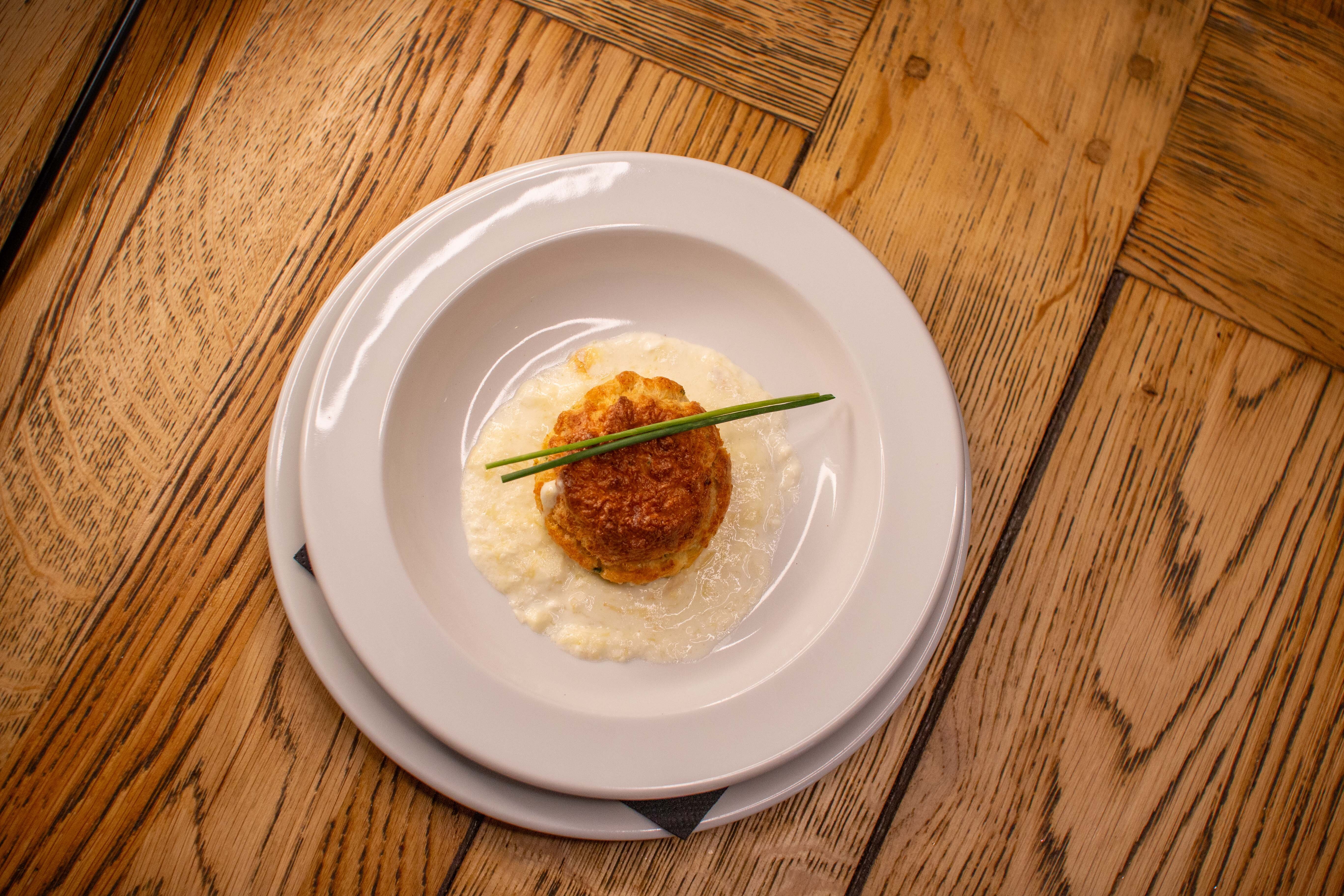 Overhead image of VIP SKI twice baked cheese soufflé