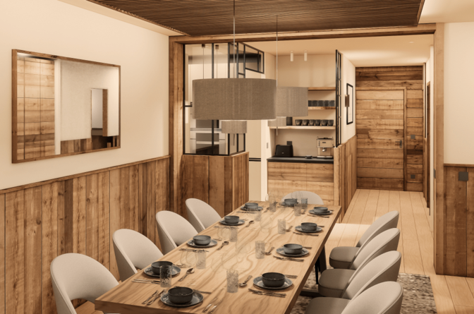 CGI image of dining table for 10 in luxury Graciosa ski chalet in La Plagne