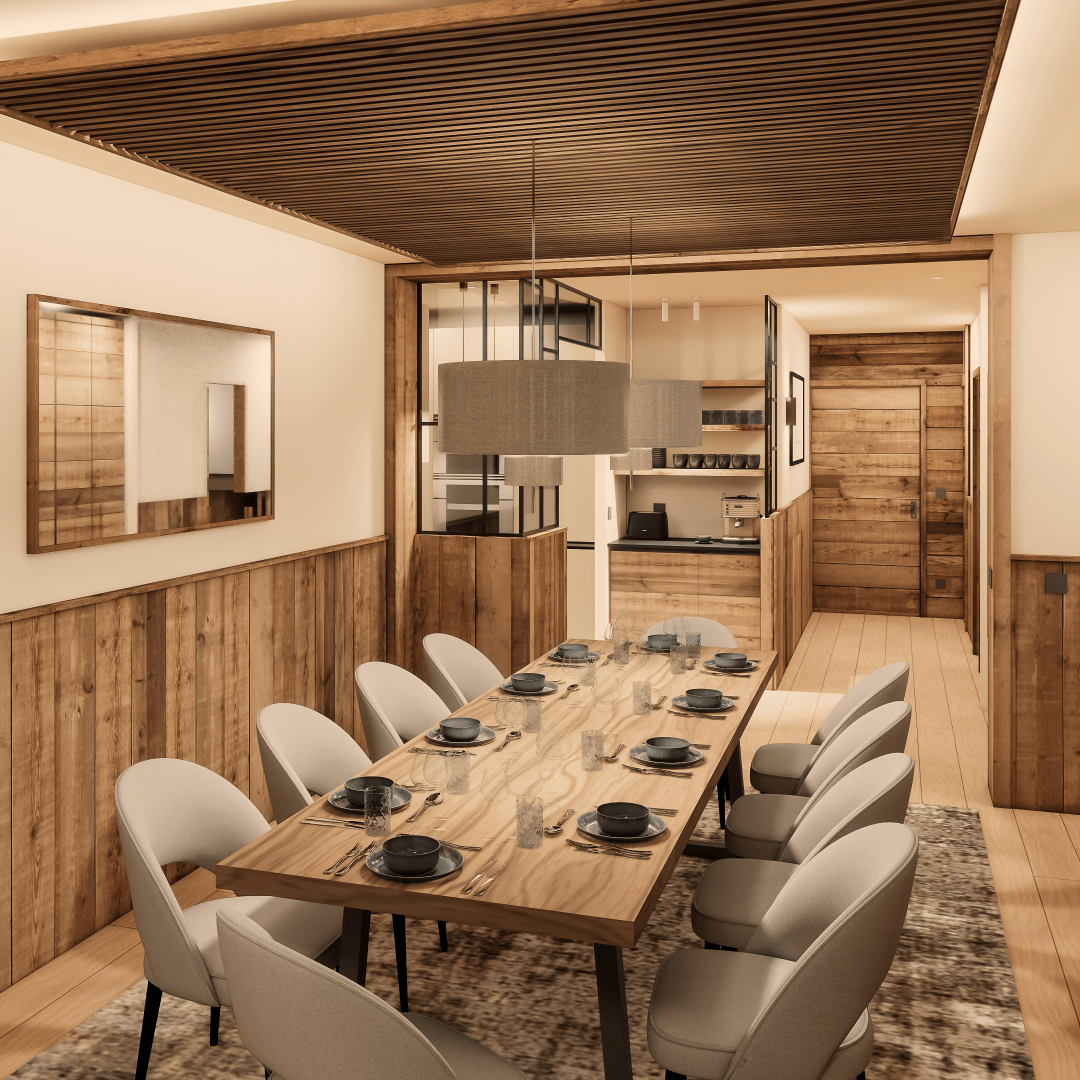 CGI image of dining table for 10 in luxury Graciosa ski chalet in La Plagne