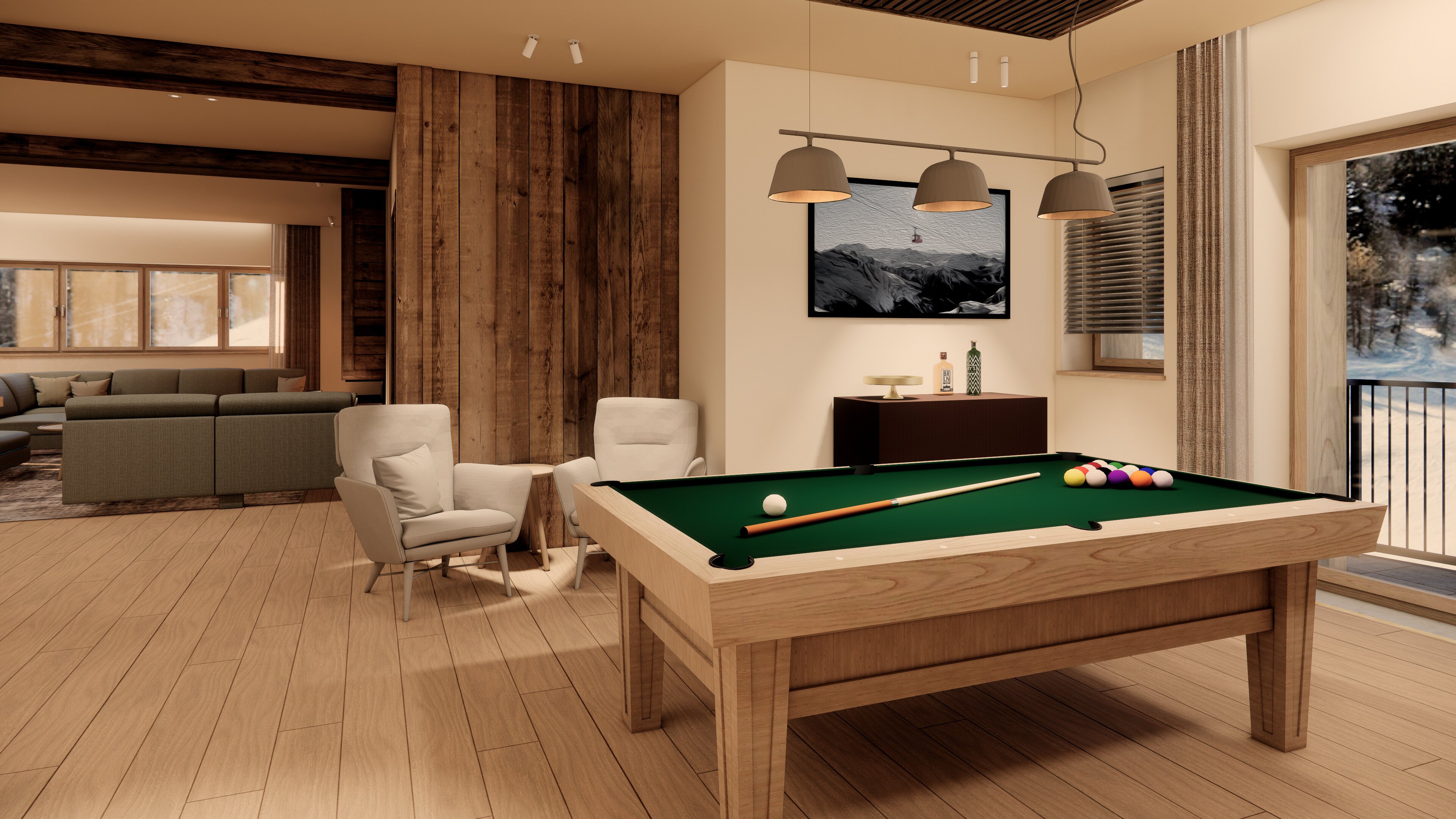 CGI pool table in luxury Penthouse chalet in the VIP SKI Graciosa chalets in La Plagne