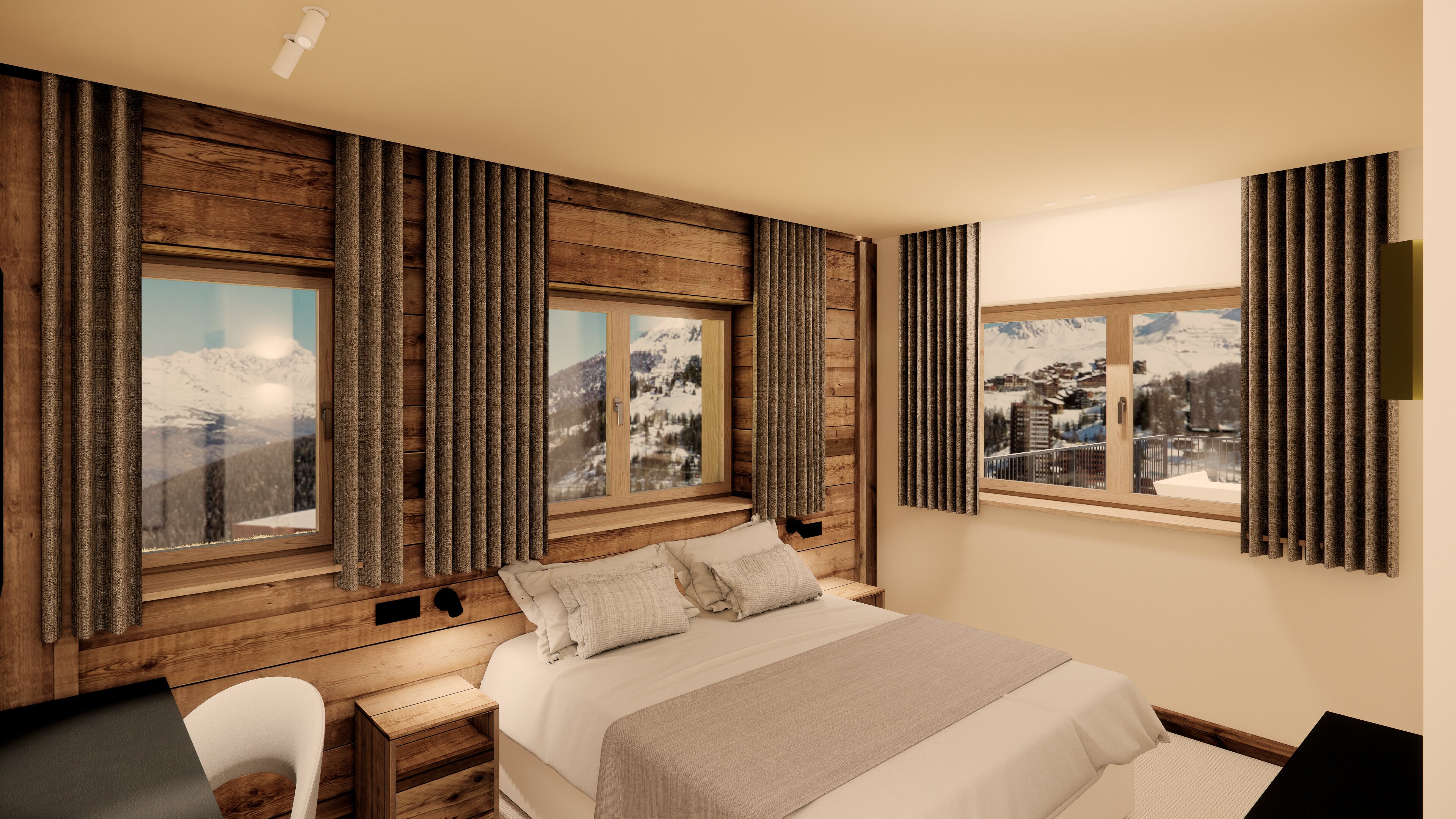 CGI contemporary double bedroom with 3 windows overlooking mountains in one of the VIP SKI Graciosa chalets in La Plagne