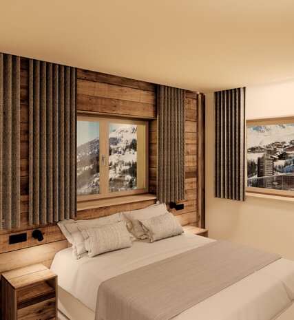 CGI contemporary double bedroom with 3 windows overlooking mountains in one of the VIP SKI Graciosa chalets in La Plagne