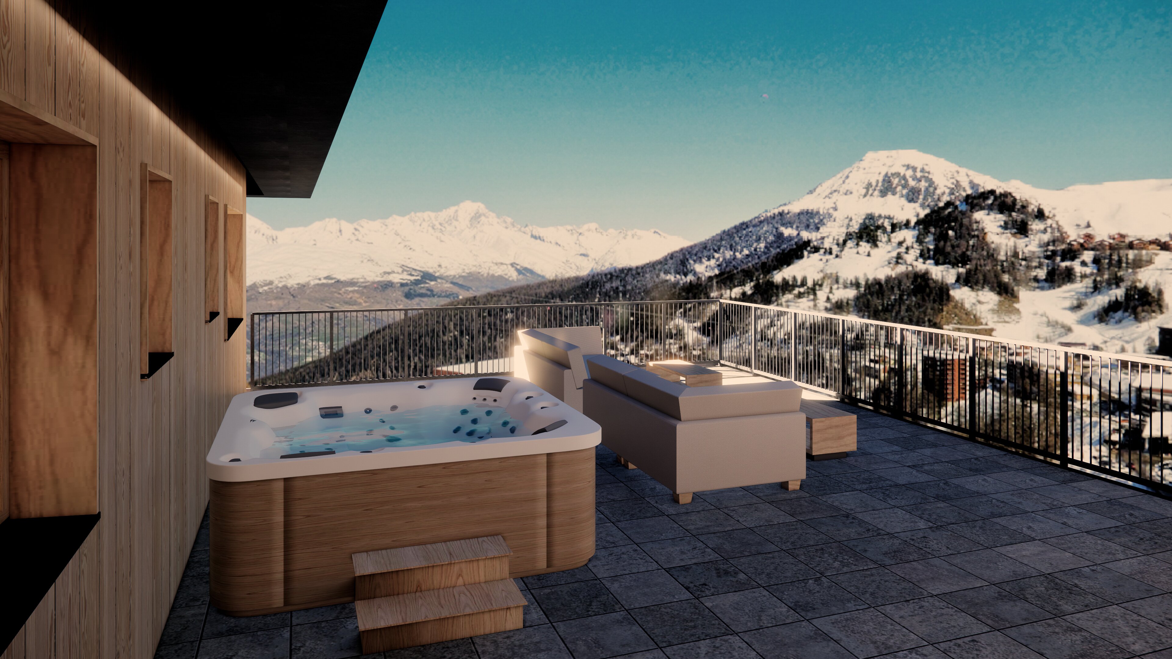 CGI hot tub on balcony of the penthouse chalet in The Graciosa, La Plagne