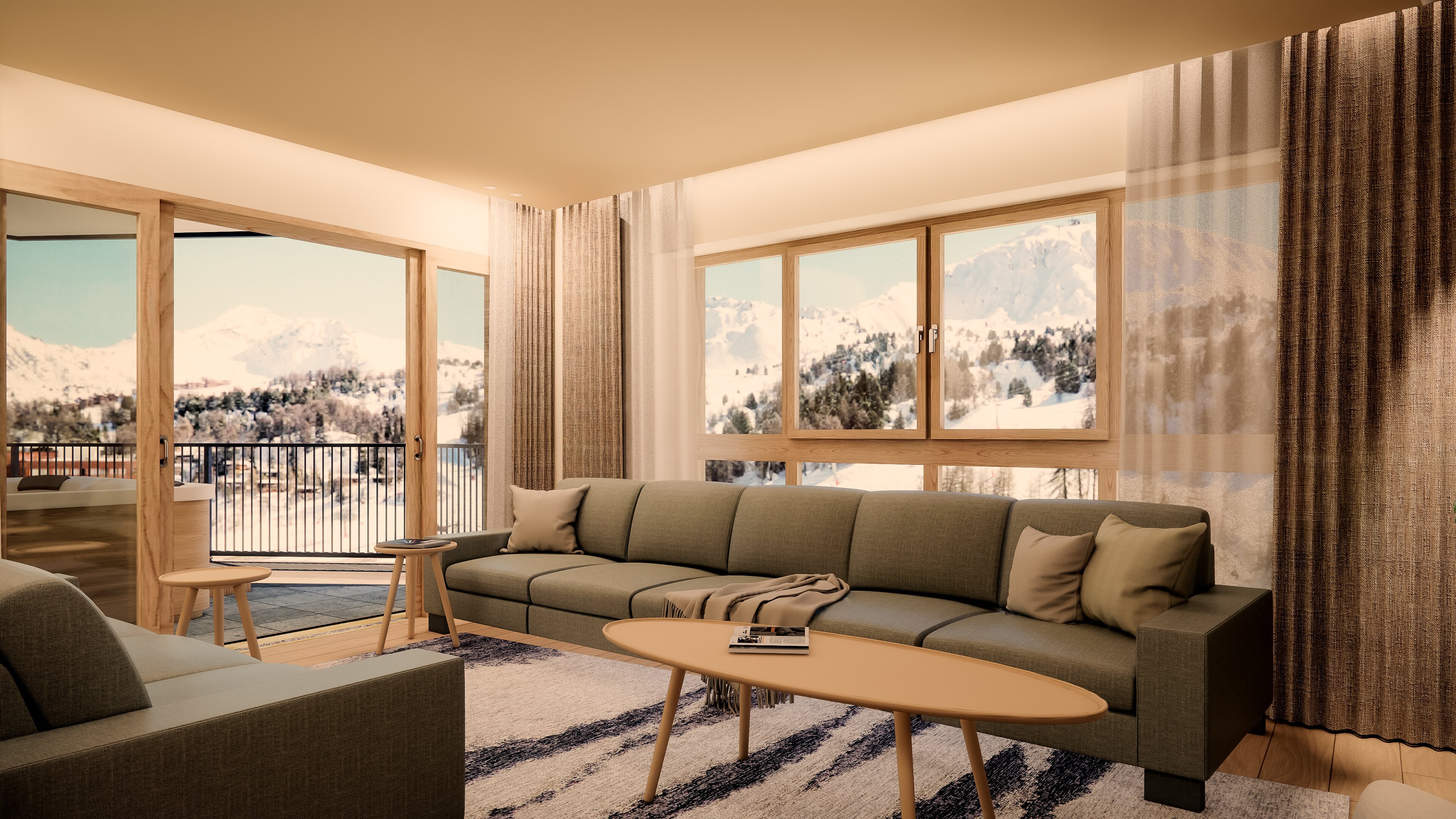 CGI contemporary living area in one of the VIP SKI Graciosa chalets in La Plagne
