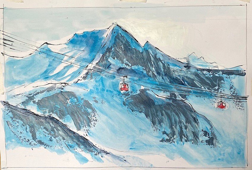 Watercolour painting of two red cable cars with snowy mountain in background