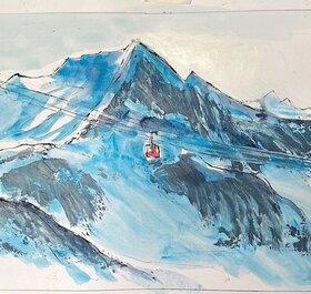Watercolour painting of two red cable cars with snowy mountain in background