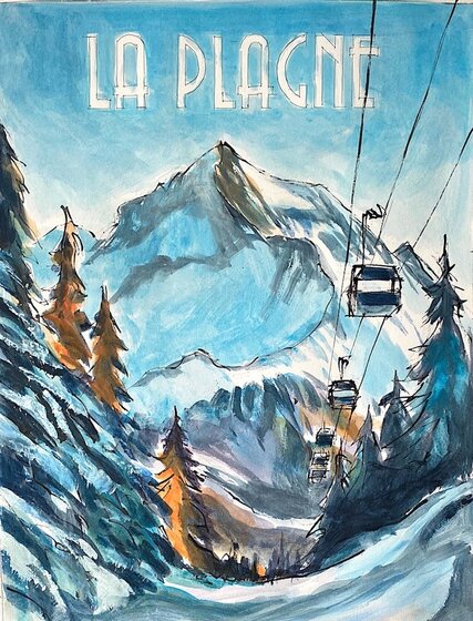 Watercolour painting of ski lifts with LA PLAGNE written in white above lifts