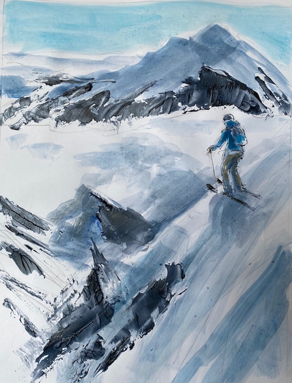 Watercolour painting of skier standing at top of steep ski slope