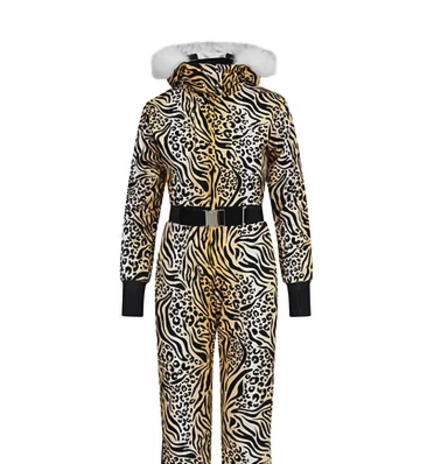 Animal print reversible ski suit with white faux fur collar